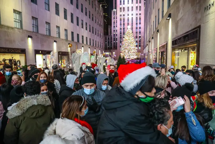 Crowds around the Rockefeller Center Christmas Tree and surrounding area in December 2020